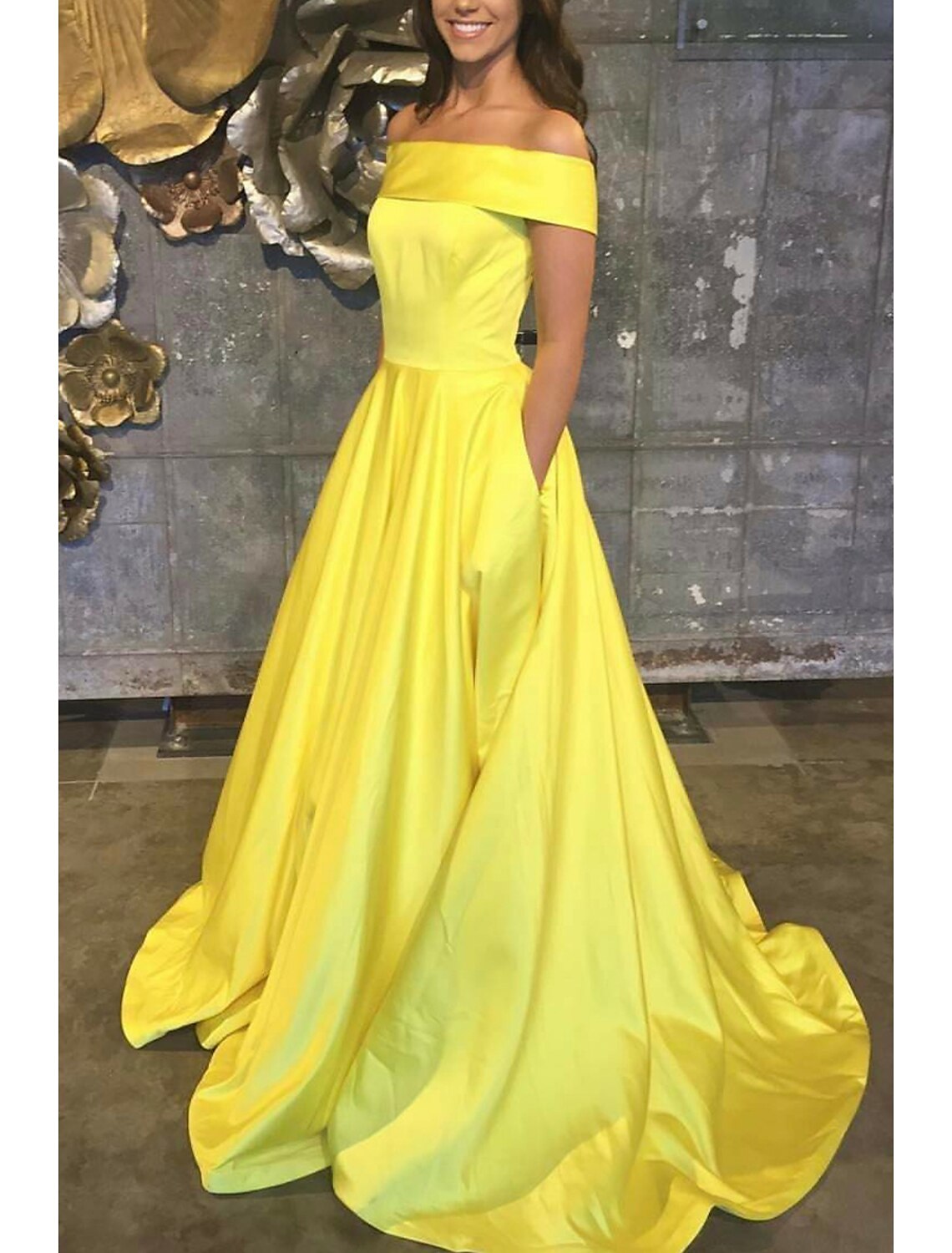 A-Line Prom Dresses Minimalist Dress Formal Sweep / Brush Train Sleeveless Off Shoulder Pocket Stretch Satin Backless with Pleats Ruched Pocket