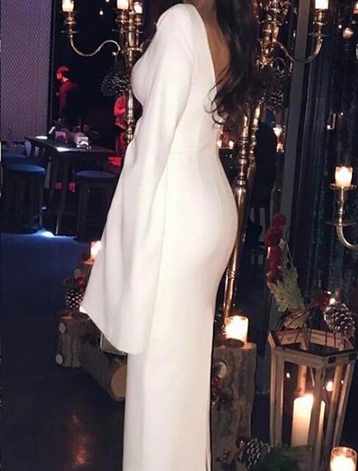 Sheath / Column Cocktail Dresses Party Dress Holiday Tea Length Long Sleeve Jewel Neck Fall Wedding Guest Jersey Backless