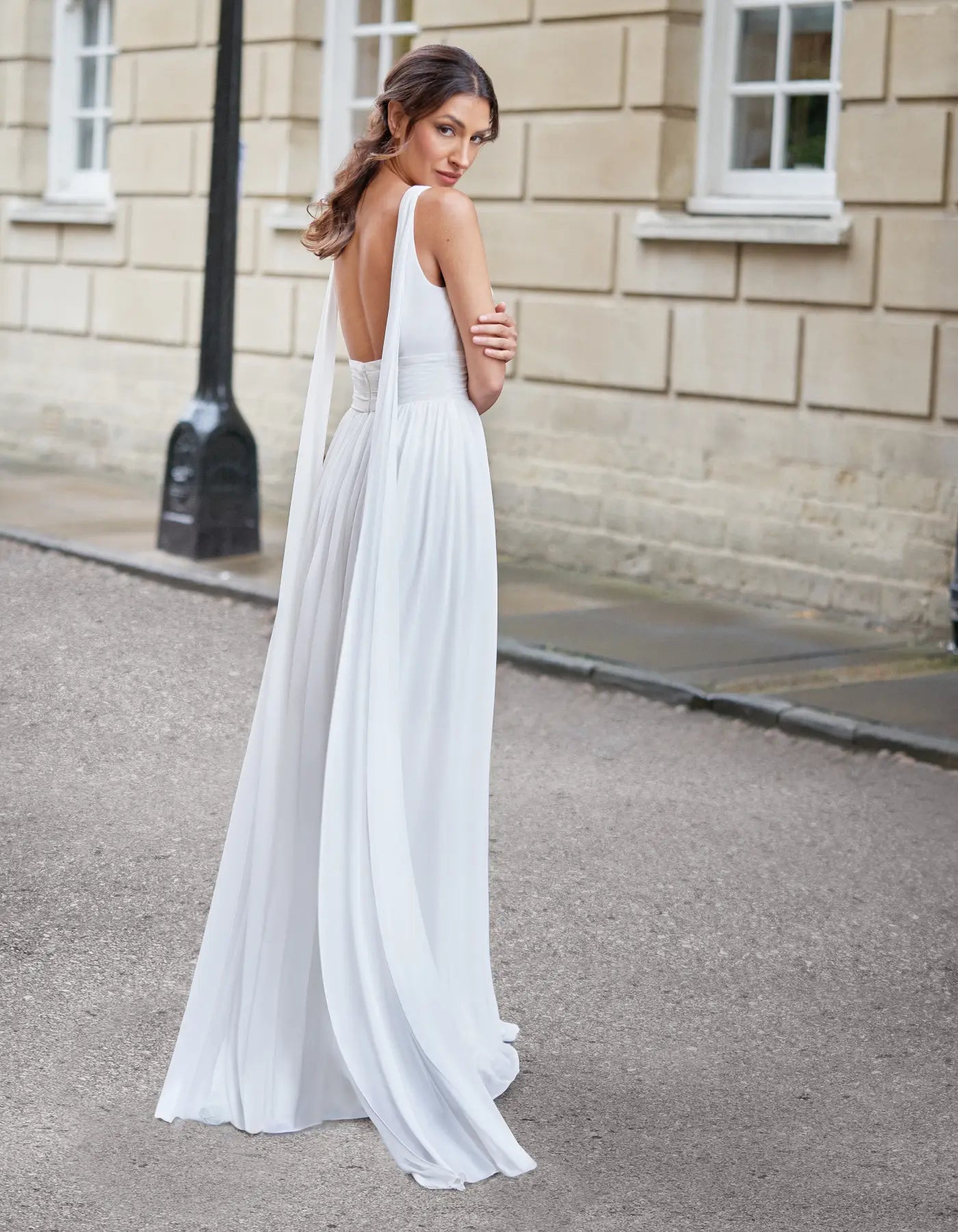 DingJiDress a grecian inspired chiffon gown with shoulder drapes