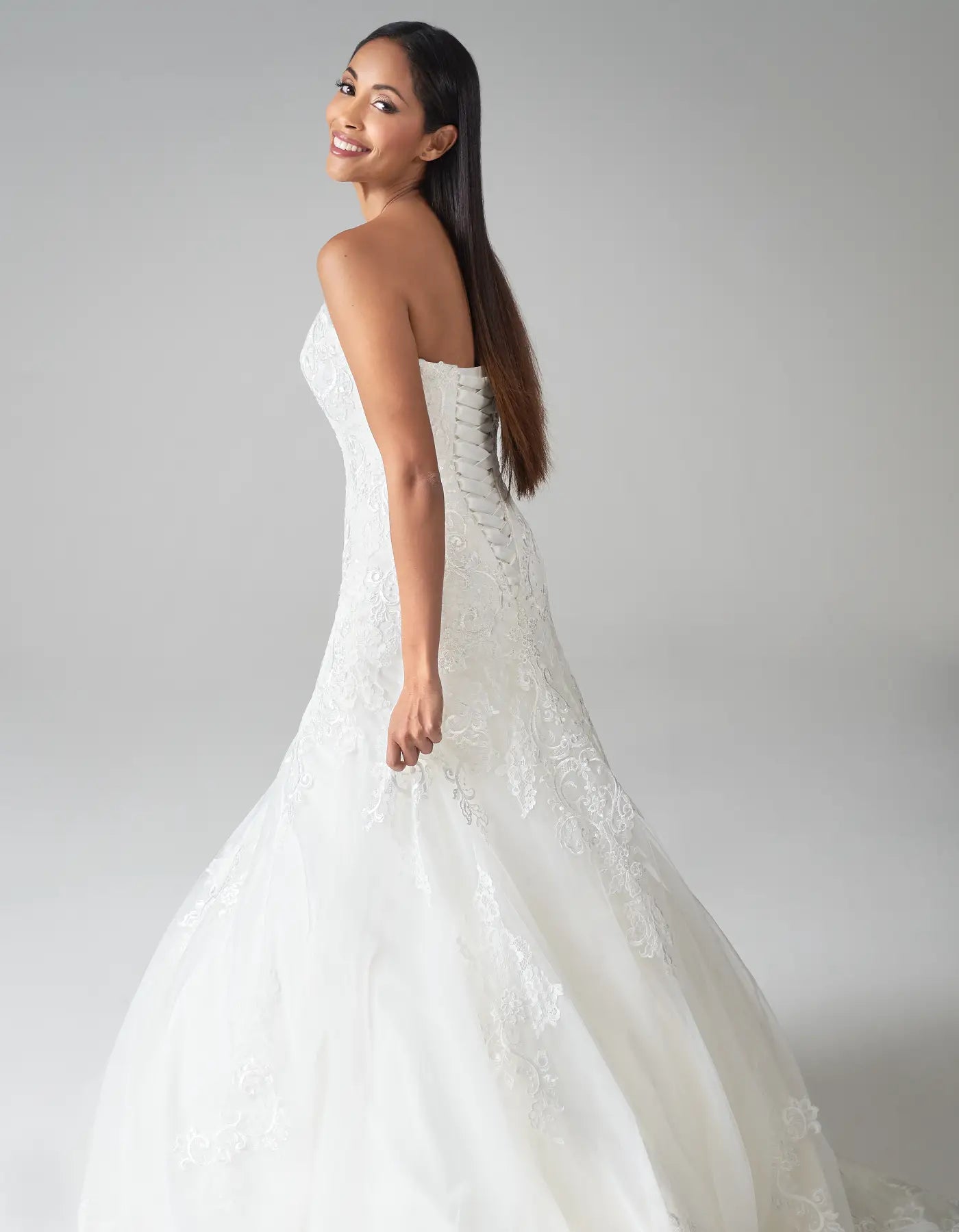 DingJiDress a strapless gown with chantilly eyelash hem Wedding Dresses