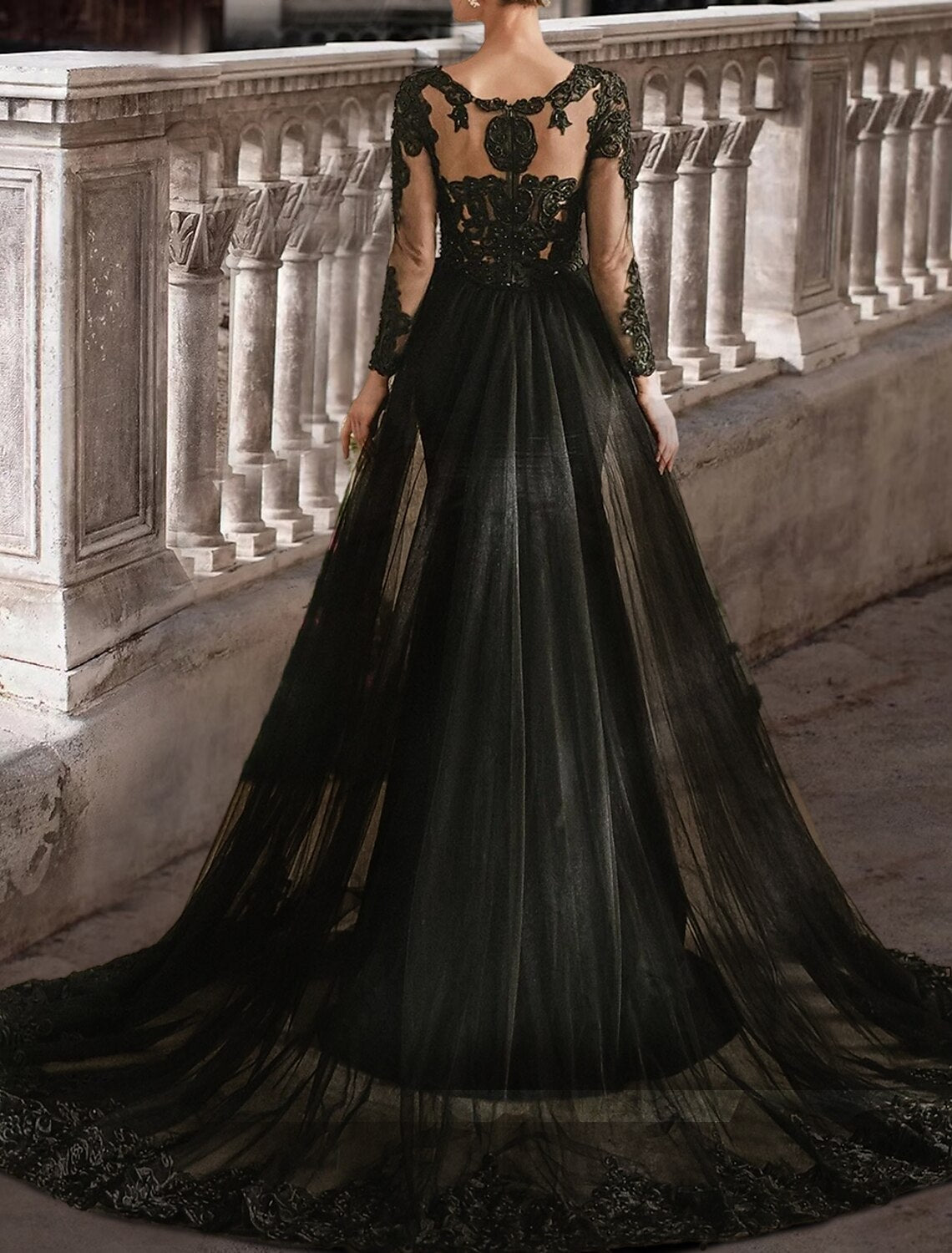 Black Wedding Dresses Formal Mermaid / Trumpet V Neck Long Sleeve Sweep / Brush Train Lace Gothi Fall Halloween Bridal Gowns With Beading Appliques