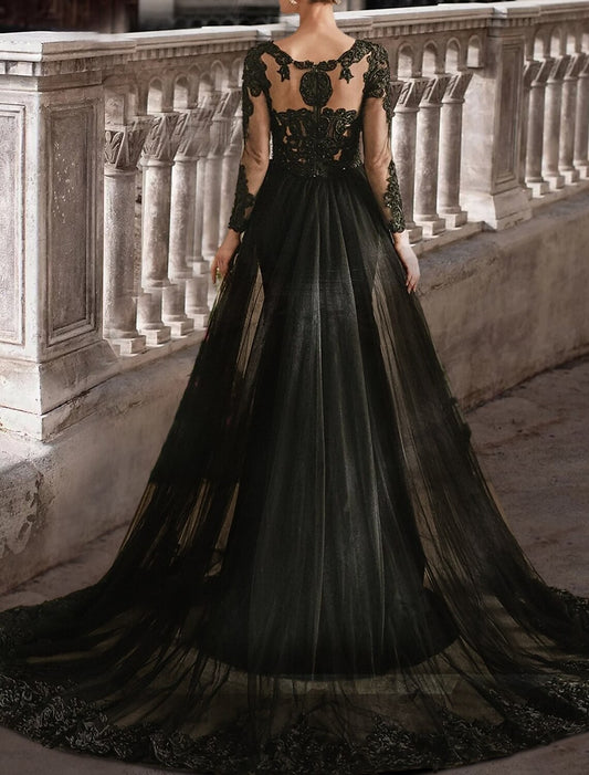 Black Wedding Dresses Formal Mermaid / Trumpet V Neck Long Sleeve Sweep / Brush Train Lace Gothi Fall Halloween Bridal Gowns With Beading Appliques