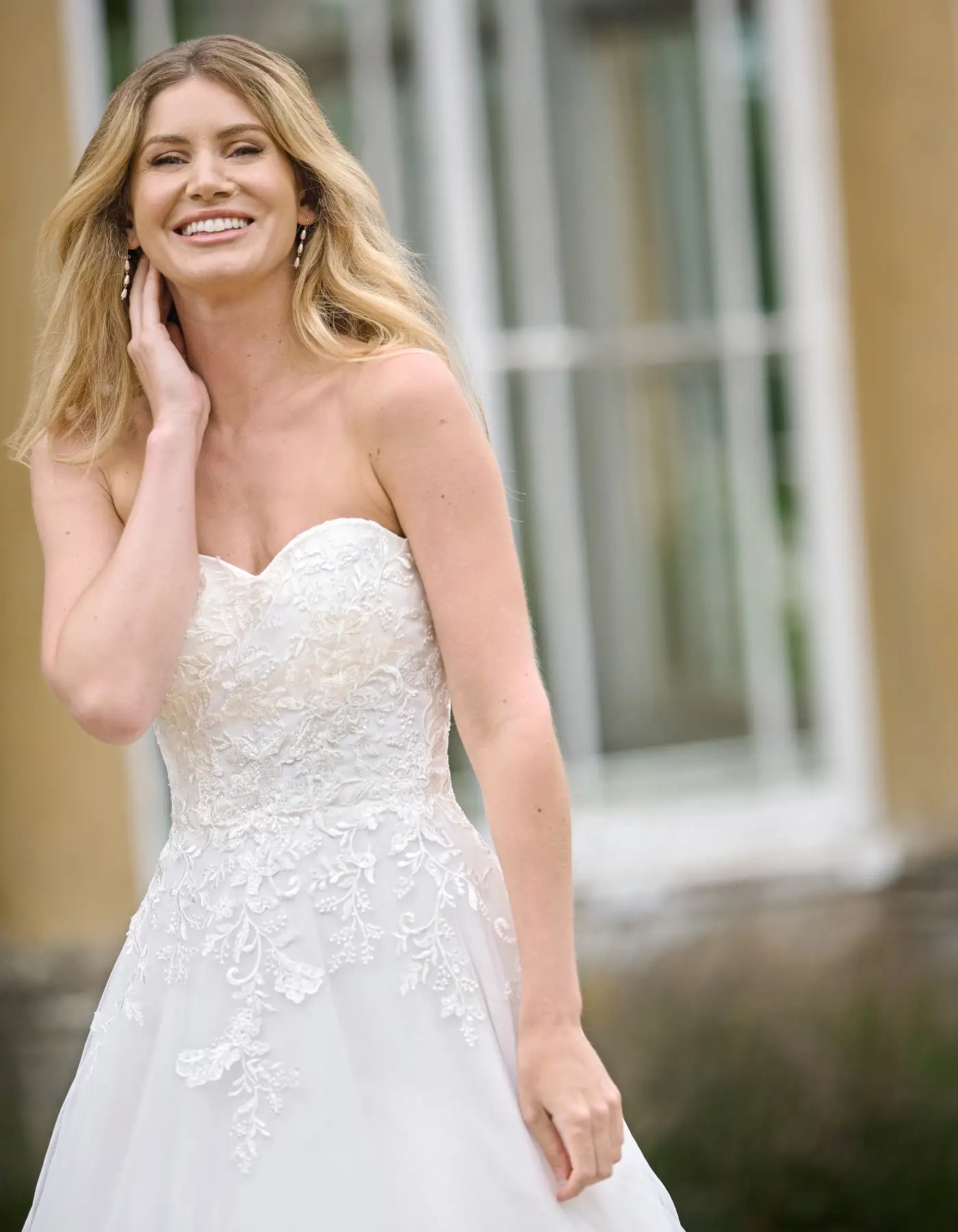 a strapless a-line with floral lace