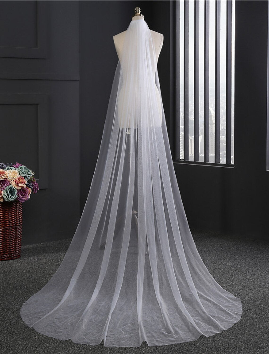 DingJiDress One-tier Cut Edge Wedding Veil Chapel Veils with Flower Comb Tulle / Angel cut / Waterfall