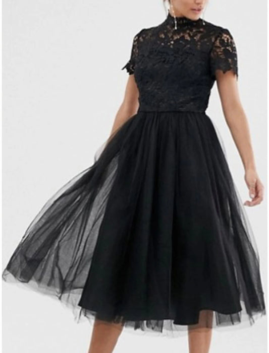 A-Line Cocktail Dresses Little Black Dress Dress Party Wear Wedding Guest Tea Length Short Sleeve High Neck Wednesday Addams Family Lace with Pleats