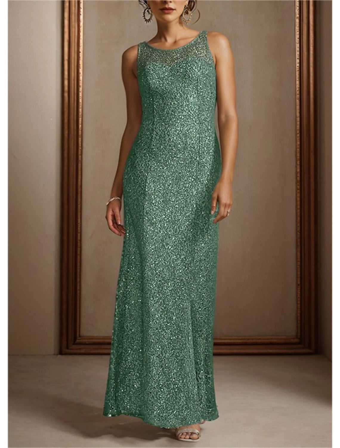 Two Piece Mermaid / Trumpet Mother of the Bride Dress Formal Wedding Guest Elegant Jewel Neck Floor Length Chiffon Sequined 3/4 Length Sleeve Wrap Included with Beading Sequin