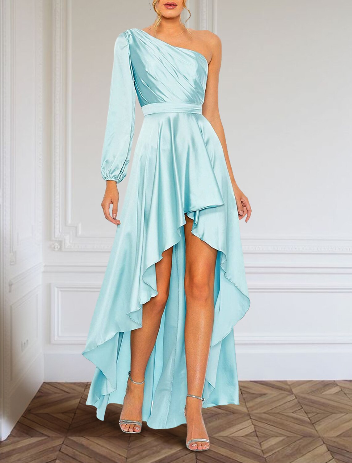 A-Line Evening Gown Elegant Dress Formal Asymmetrical Long Sleeve One Shoulder Charmeuse with Ruffles