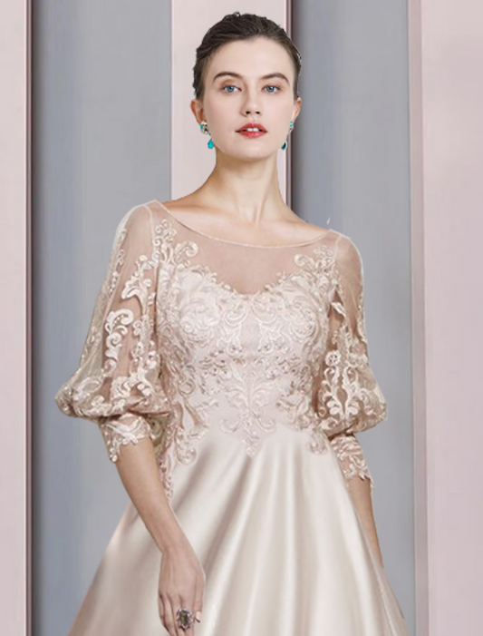 A-Line Mother of the Bride Dress Formal Wedding Guest Elegant Scoop Neck Lace Length Sleeve Wrap Included with Pleats Appliques