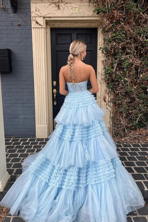 DingJiDress Blue Evening Dress Strapless Ruffle Tiered Tulle Long Prom Dresses