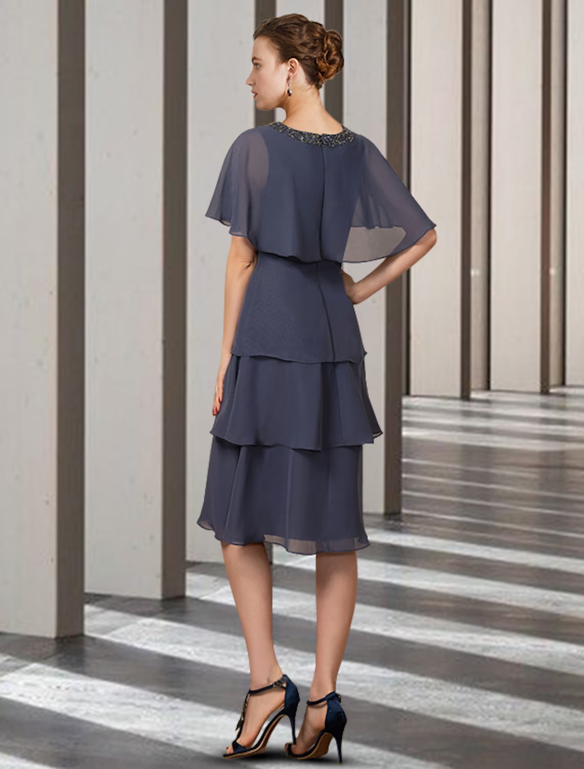 Mother of the Bride Dress Elegant Jewel Neck Knee Length Chiffon Short Sleeve with Beading Ruffles