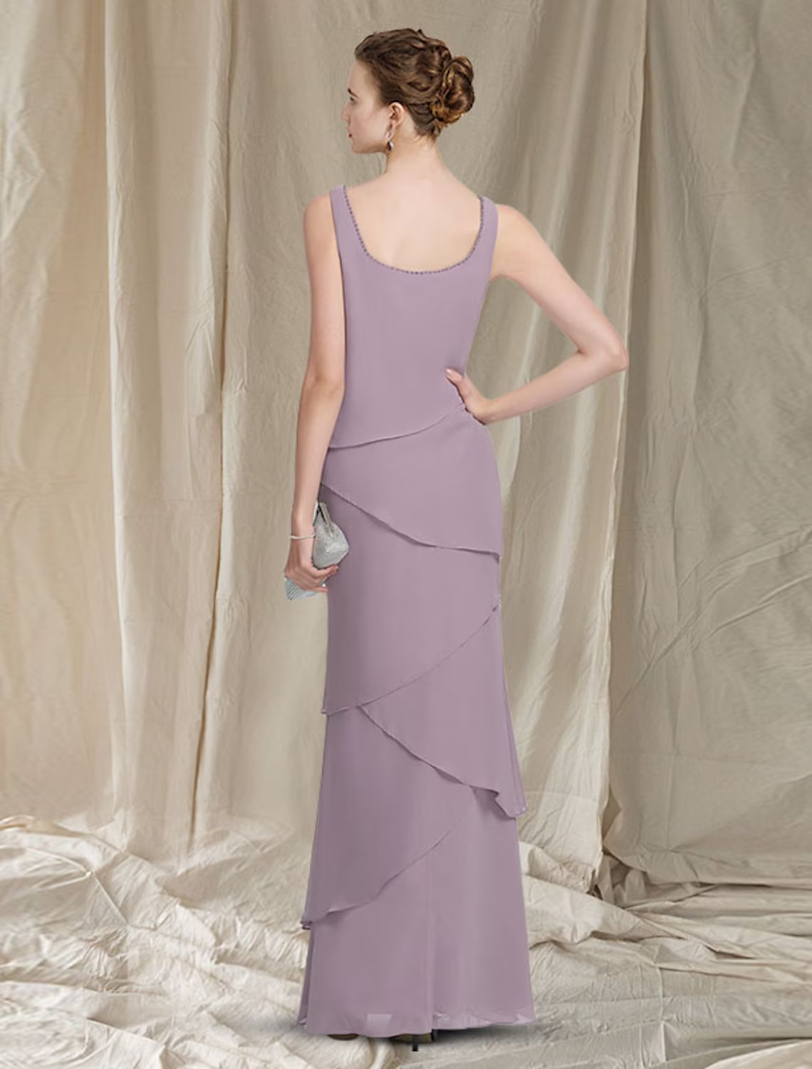 Two Piece Mother of the Bride Dress Elegant Scoop Neck Floor Length Chiffon Sleeveless Wrap Included with Beading Cascading Ruffles