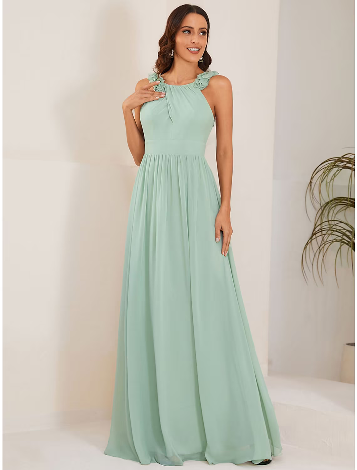 A-Line Wedding Guest Dresses Elegant Dress Formal Floor Length Sleeveless Jewel Neck Chiffon with Pleats Flower