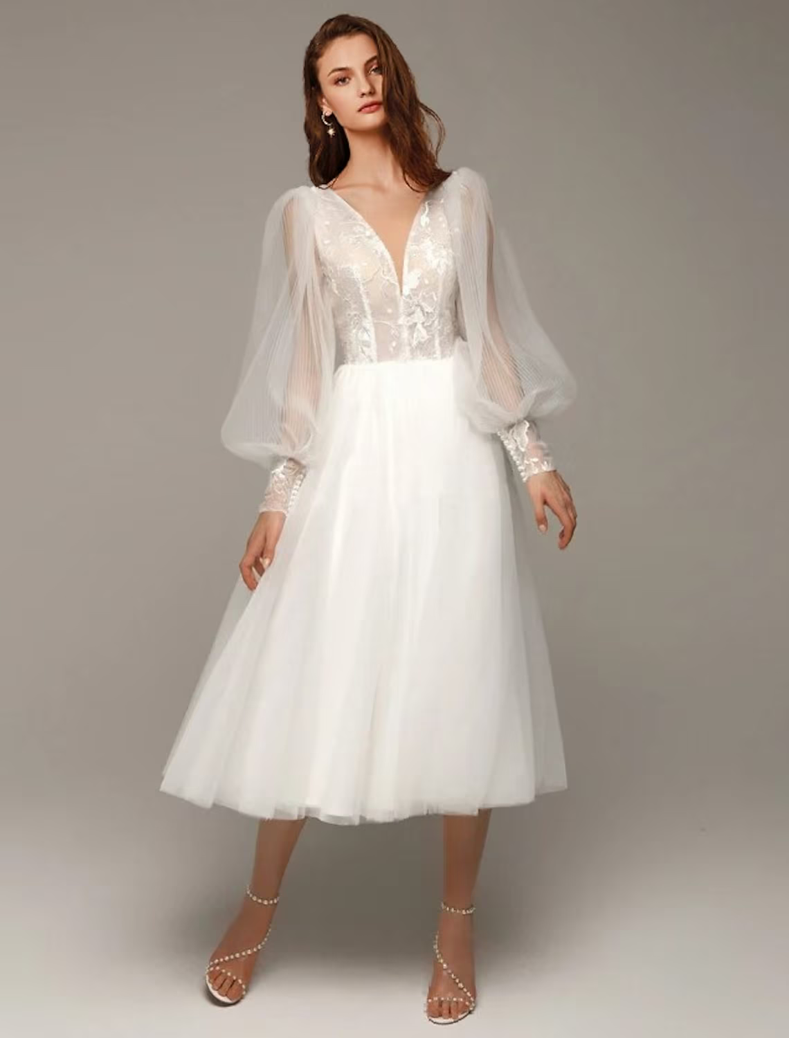 Vintage Little White Dresses Wedding Dresses Tea Length A-Line Long Sleeve V Neck Satin With Applique