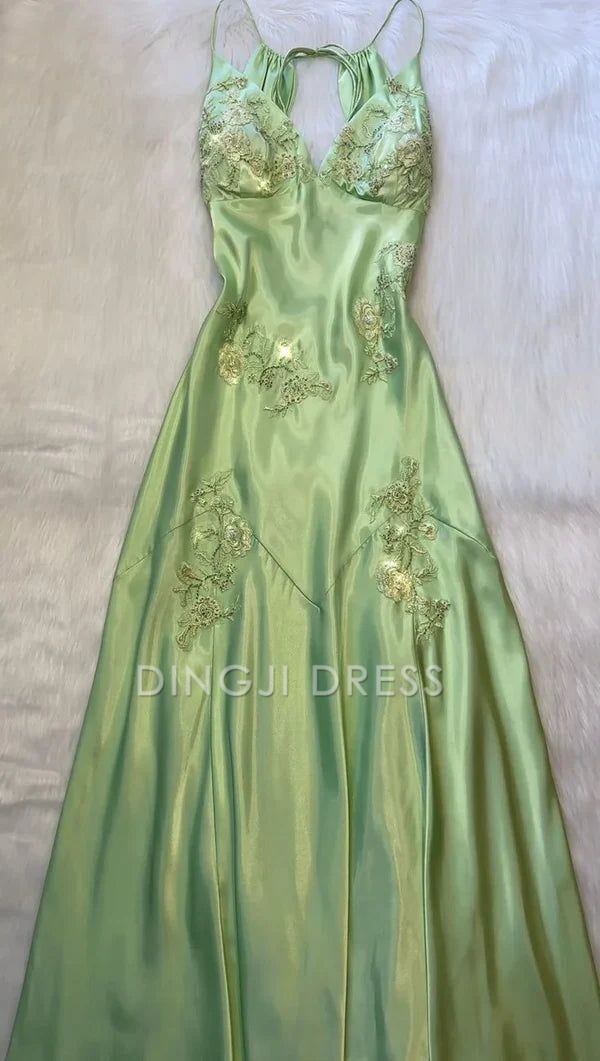 DingJiDress Formal Dress Elegant A-Line V-Neck Appliques Backless Party Fashion Prom Dress