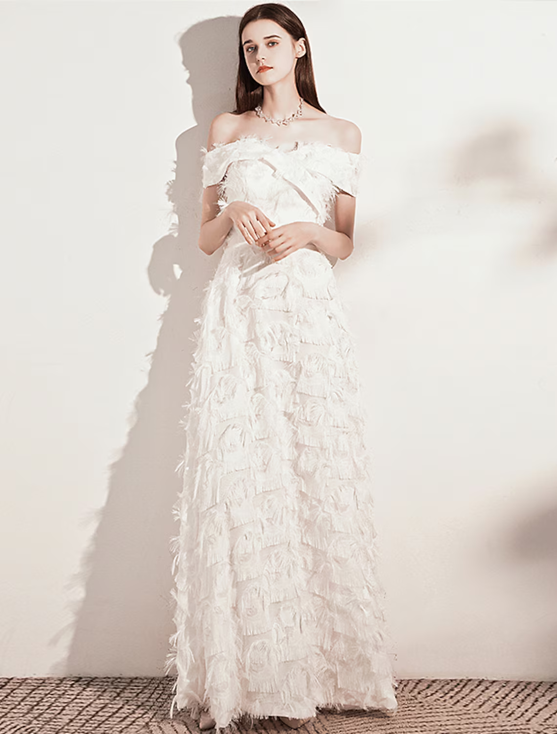 A-Line Evening Gown Minimalist Dress Formal Evening Floor Length Short Sleeve Off Shoulder Nylon with Feather