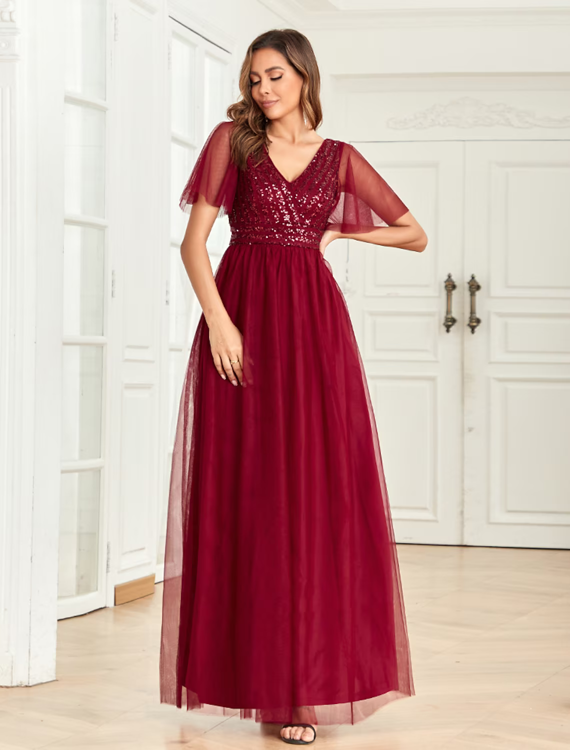 A-Line Party Dresses Empire Dress Party Wear Floor Length Short Sleeve V Neck Tulle V Back with Glitter Sequin