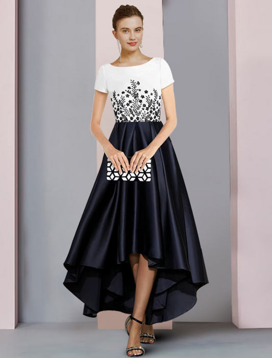 Mother of the Bride Dress Formal Party Elegant Scoop Neck Asymmetrical Satin Short Sleeve with Pleats Appliques