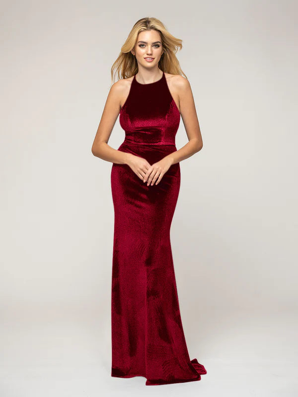 Halter Neckline Sheath Long Velvet Dresses