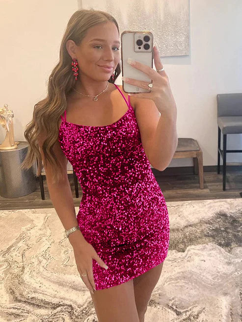 DingJiDress Spaghetti Straps Short Velvet Sequin Party Dress