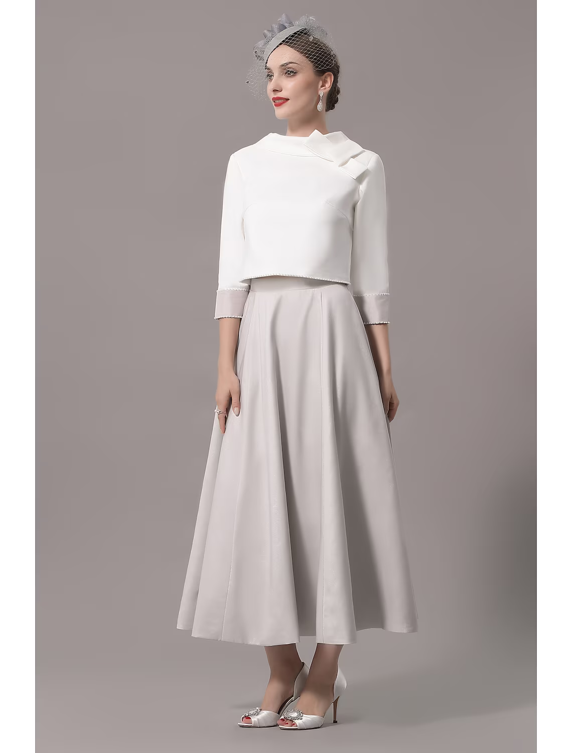 Two Piece Mother of the Bride Dress Church Elegant  Ankle Length Stretch Satin Sleeve with Bow(s)