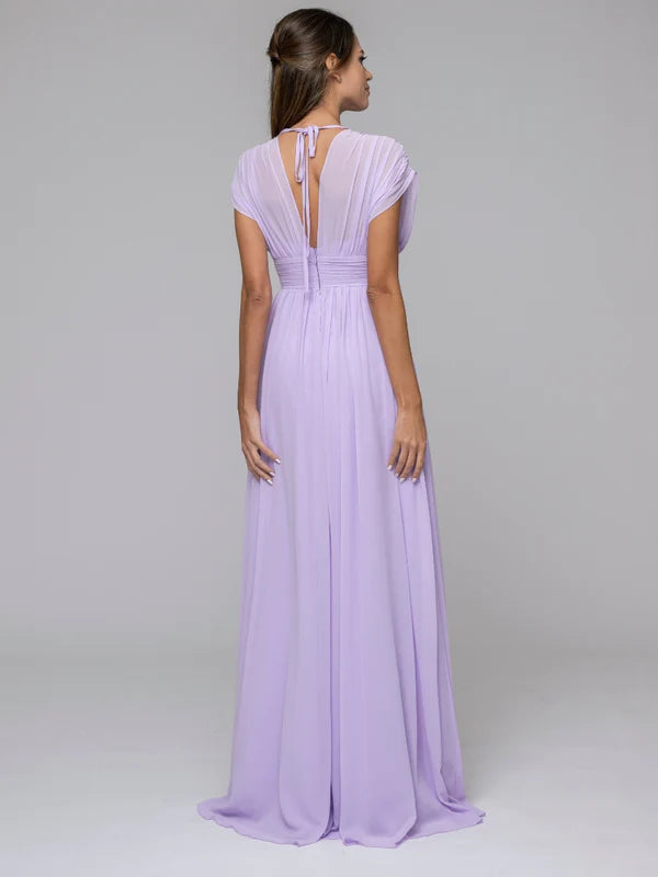 Chiffon V Neck Cap Sleeve Floor Length Bridesmaid Dresses