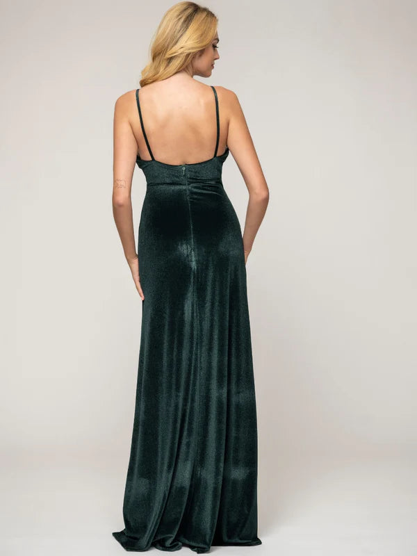 Deep V Neck Straps Velvet Sheath Long Bridesmaid Dresses