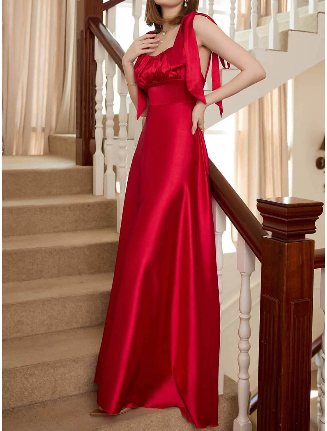 A-Line Party Dresses Open Back Dress Holiday Wedding Guest Floor Length Sleeveless Square Neck Bridesmaid Dress Satin Backless with Strappy