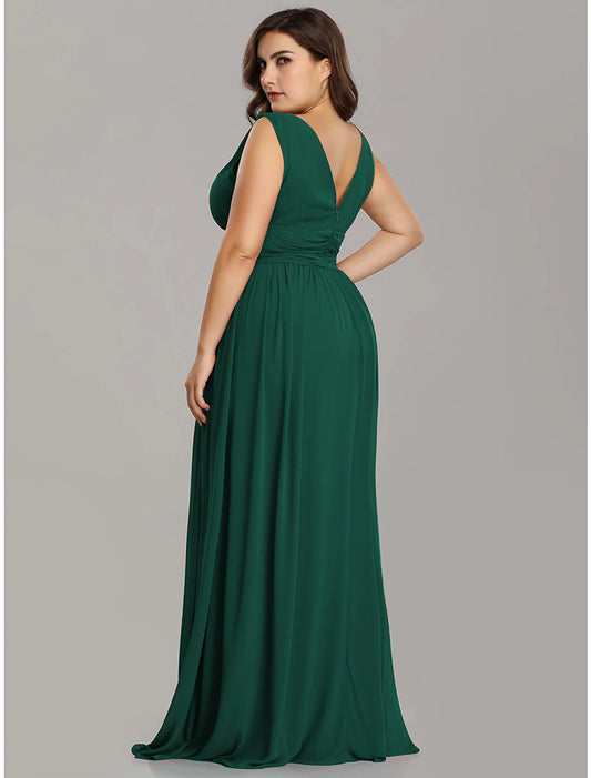 A-Line Plus Size Wedding Formal Evening Dress V Neck V Back Sleeveless Floor Length Chiffon with Pleats