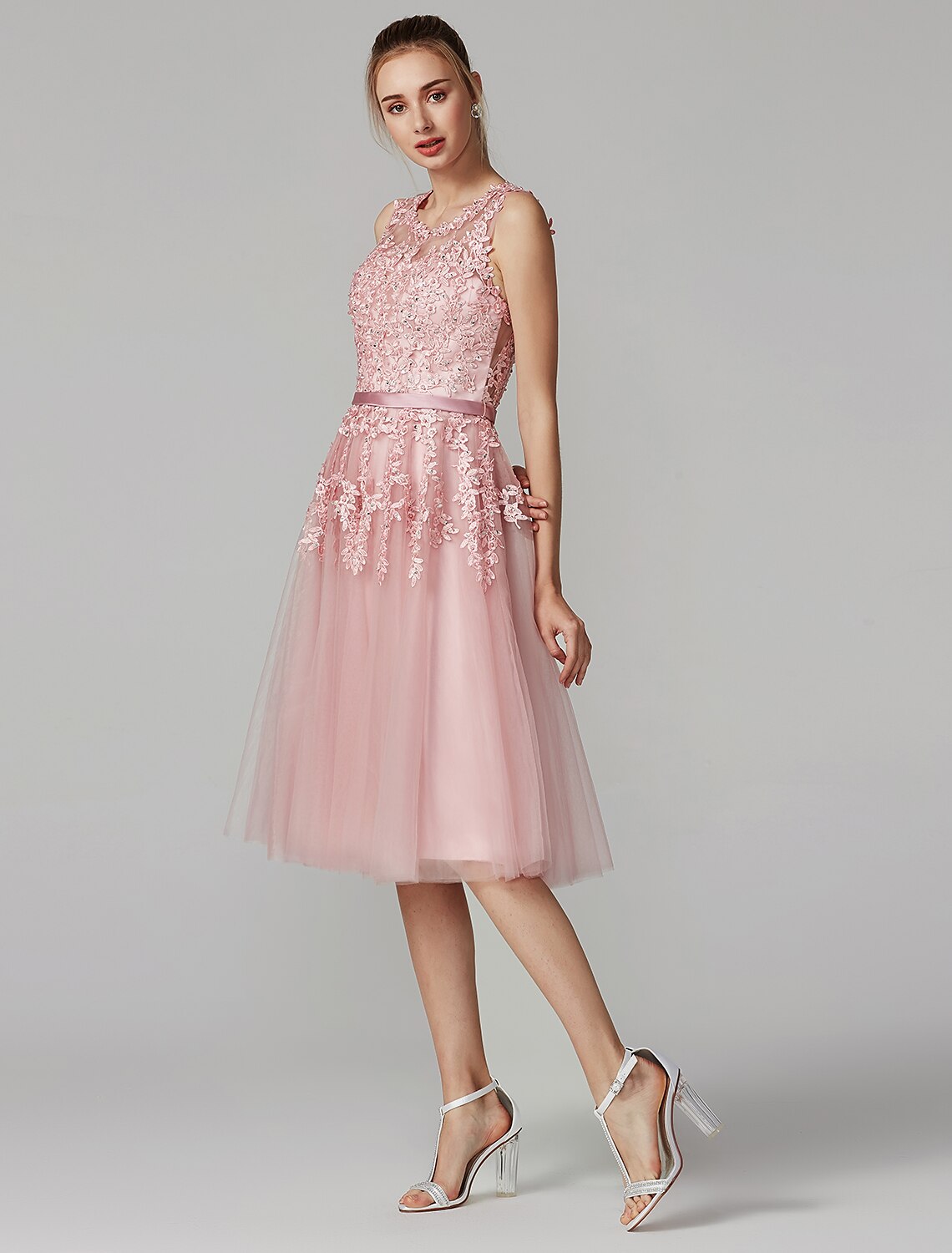 A-Line Cute Dress Cocktail Party Knee Length Sleeveless Illusion Neck Tulle Over Lace with Beading Appliques