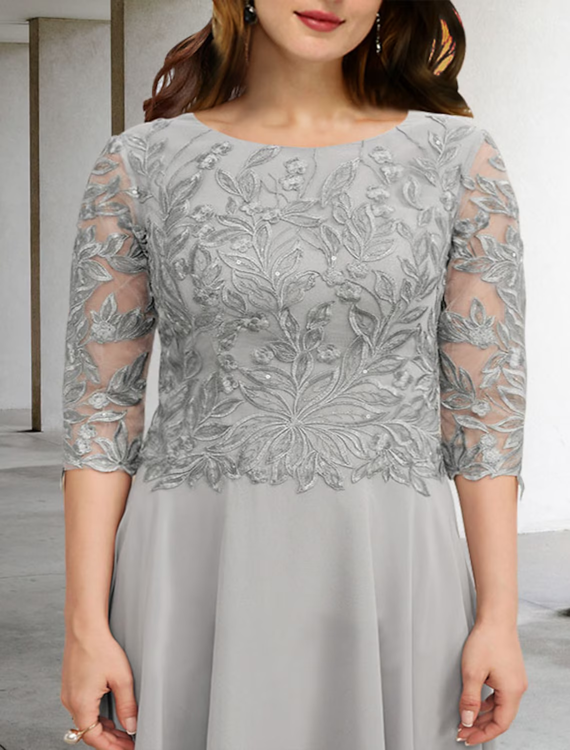 A-Line Plus Size Curve Mother of the Bride Dresses Elegant Dress Formal Length Sleeve Chiffon with Sequin Appliques