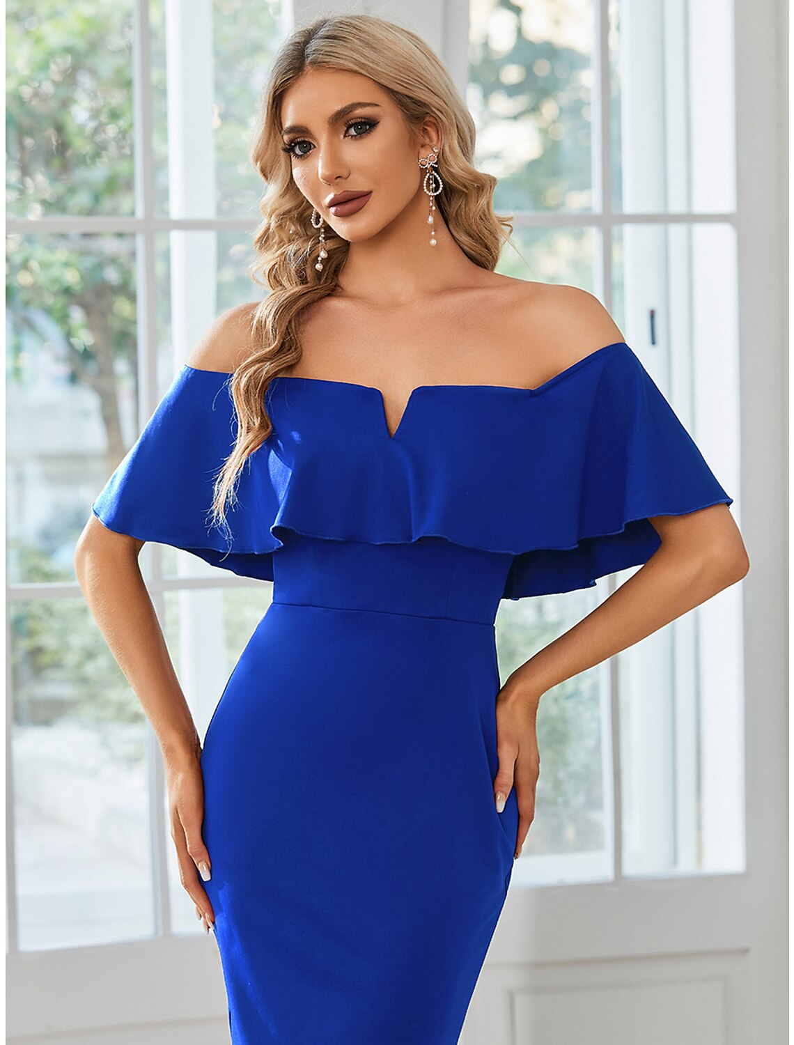 Wedding Guest Dresses Dress Party Wear Tea Length Short Sleeve Off Shoulder Stretch Fabric with Slit