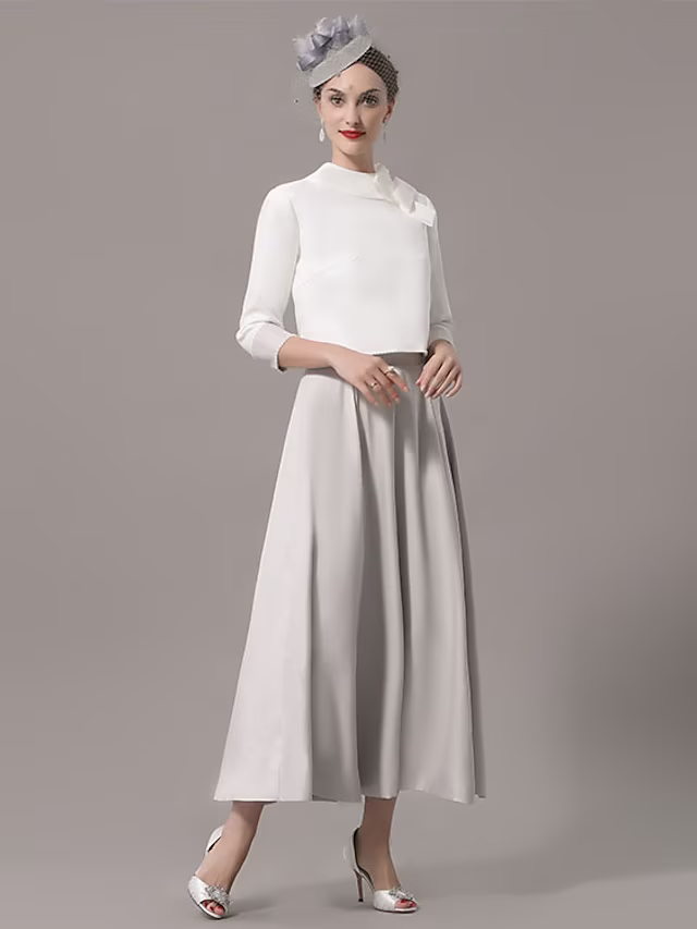 Two Piece Mother of the Bride Dress Church Elegant  Ankle Length Stretch Satin Sleeve with Bow(s)