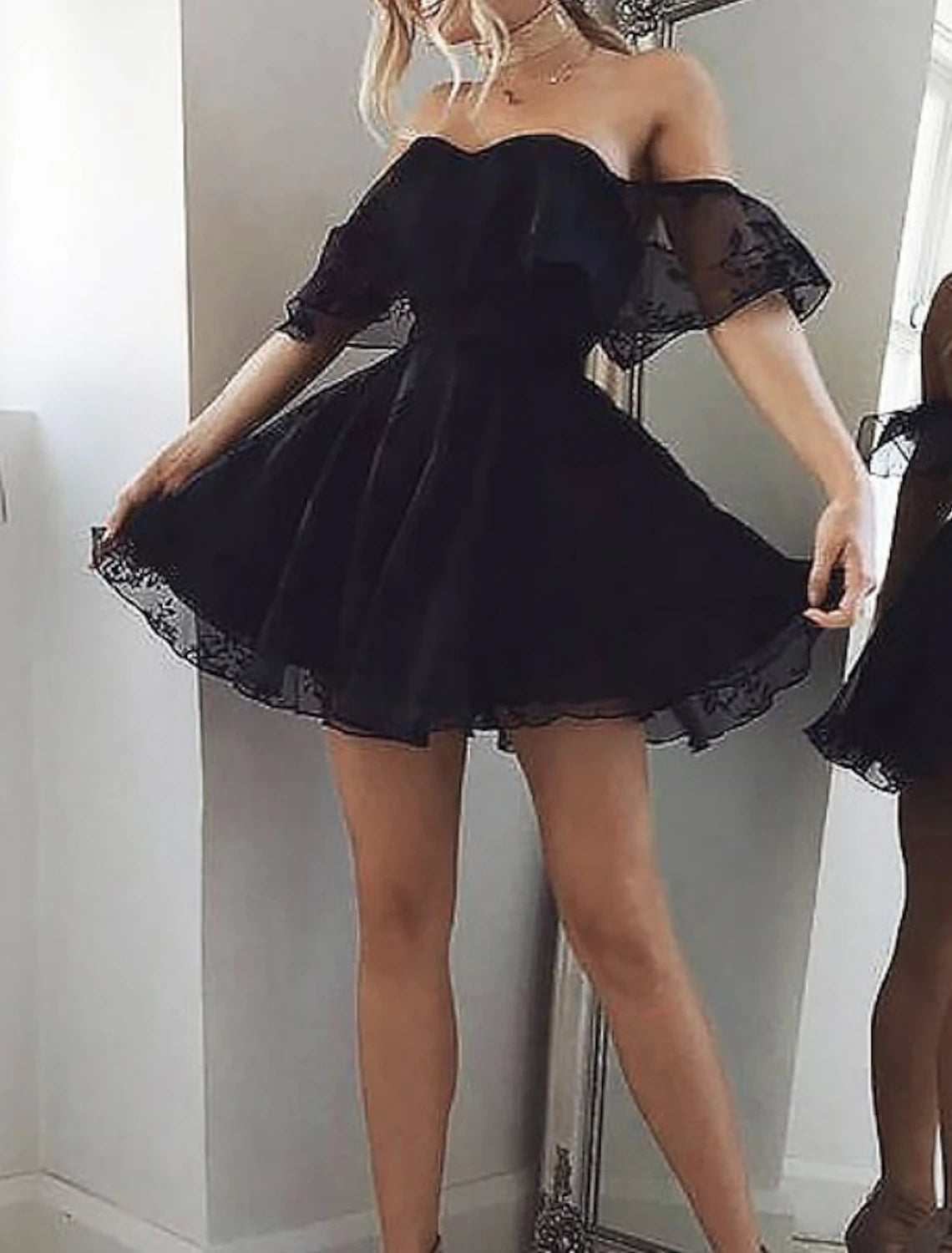 A-Line Homecoming Dresses Little Black Dress Dress Holiday Graduation Short / Mini Sleeveless Off Shoulder Lace with Appliques