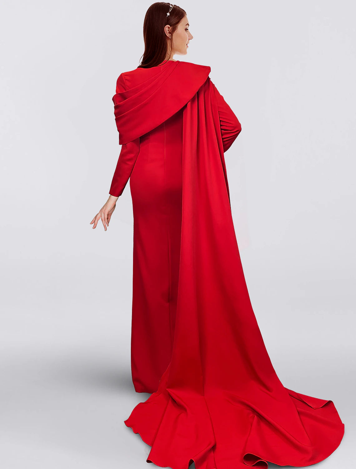 Sheath / Column Red Black Christmas Red Green Dress Evening Gown Elegant Cape Dress Formal Fall Sweep / Brush Train Long Sleeve Cowl Neck Stretch Fabric with Buttons Slit
