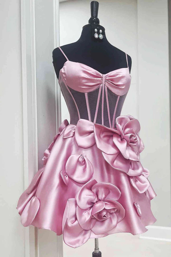 DingJiDress A-Line Homecoming Dress Pink Spaghetti Straps Graduation Dresses with 3D Floral