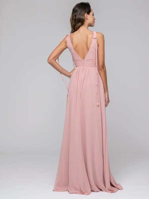 Tassel Straps V Neck Chiffon Bridesmaid Dresses With Slit Skirt