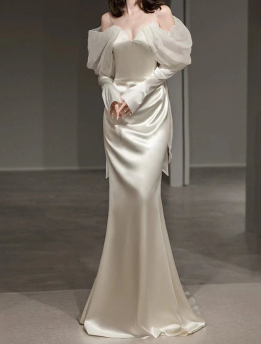 Mermaid / Trumpet Evening Gown Elegant Dress Formal Prom Floor Length Long Sleeve Sweetheart Italy Satin with Buttons Shawl