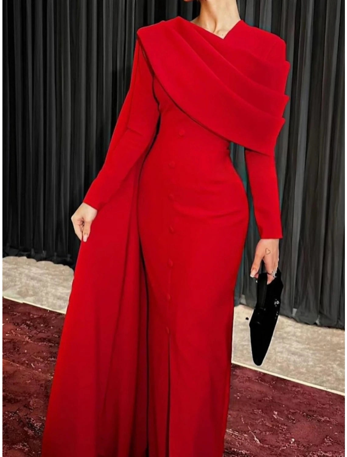 Sheath / Column Red Black Christmas Red Green Dress Evening Gown Elegant Cape Dress Formal Fall Sweep / Brush Train Long Sleeve Cowl Neck Stretch Fabric with Buttons