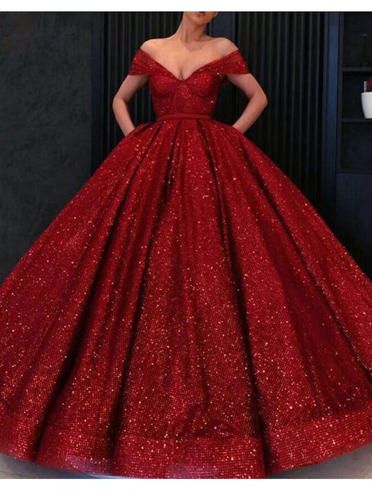 Ball Gown Evening Gown Luxurious Dress Engagement Formal Evening Floor Length Short Sleeve V Neck Lace with Pleats