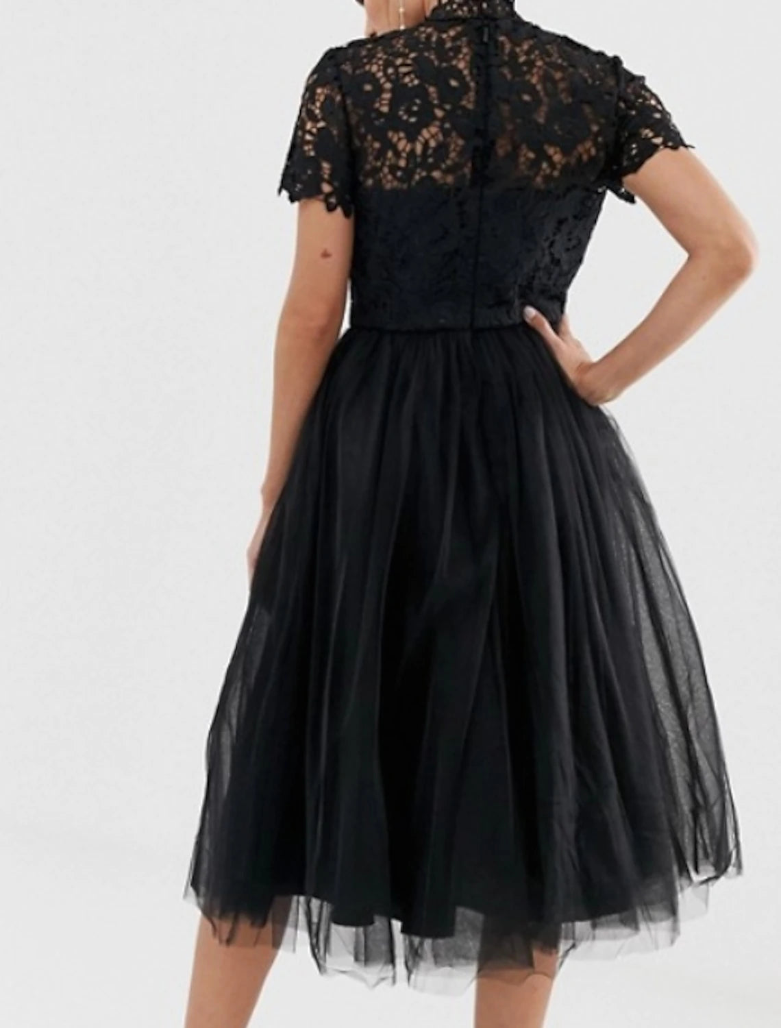 A-Line Cocktail Dresses Little Black Dress Dress Party Wear Wedding Guest Tea Length Short Sleeve High Neck Wednesday Addams Family Lace with Pleats