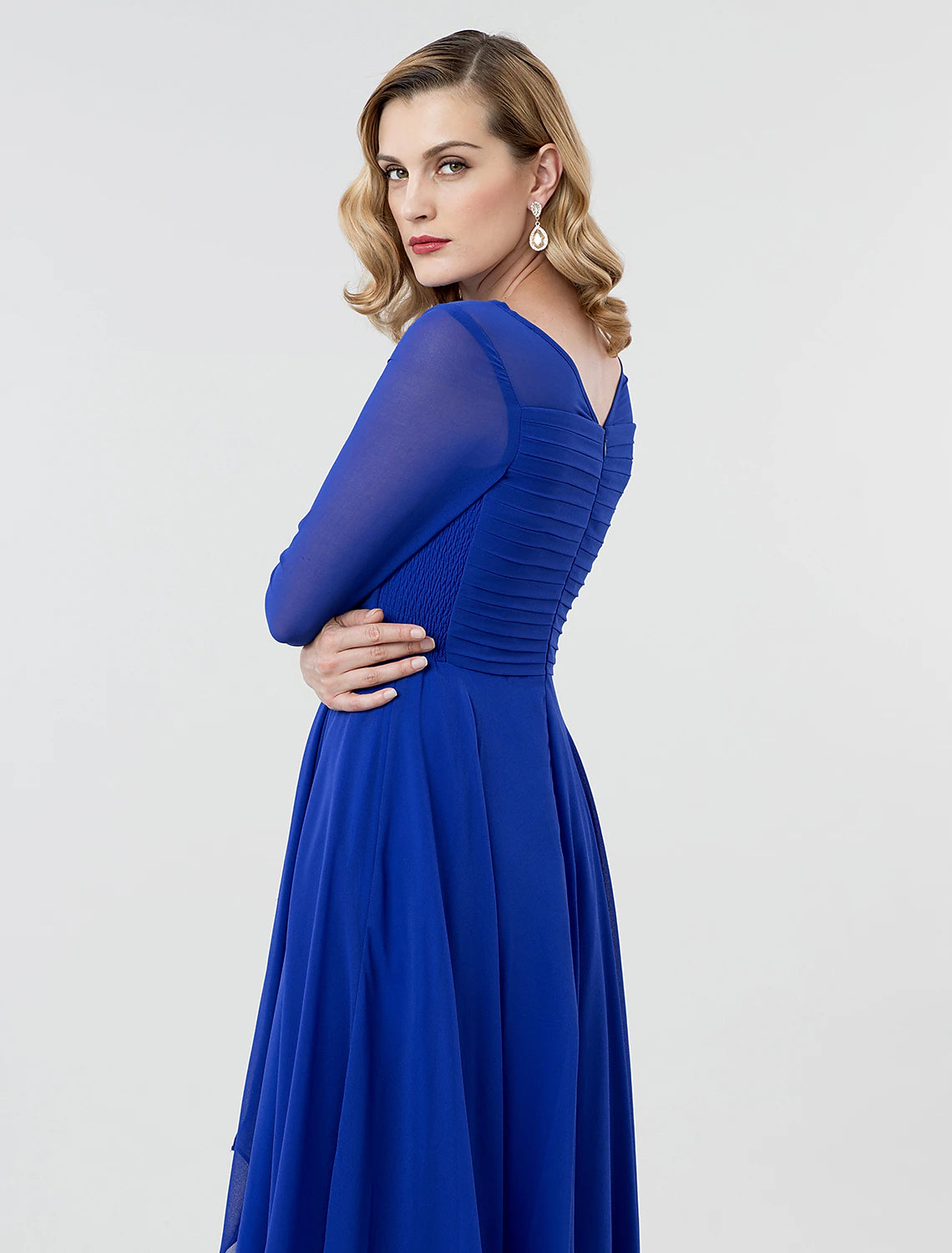 A-Line Elegant Formal Evening Wedding Party Dress Boat Neck 3/4 Length Sleeve Tea Length Georgette with Ruched Crystal Brooch