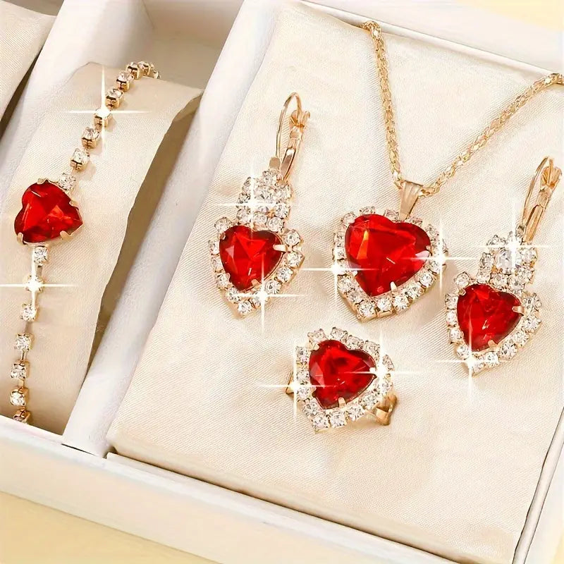 DingJi 1 Pair Of Earrings + 1 Necklace + 1 Bracelet + 1 Ring Coquette Style Jewelry Set Inlaid Heart Shape Zirconia Black Or Red Make Your Call