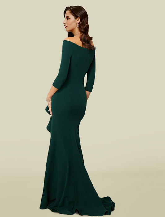 Mother of the Bride Dress Elegant Sexy Off Shoulder V Neck Court Train Stretch Fabric 3/4 Length Sleeve with Draping Split Front