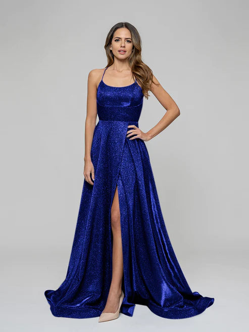 DingJiDress Halter Metallic Glitter Criss Cross Back A Line Prom Dresses