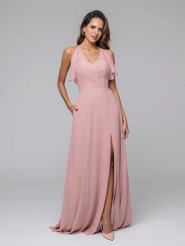 Ruffles V Neck Floor Length Chiffon Bridesmaid Dresses