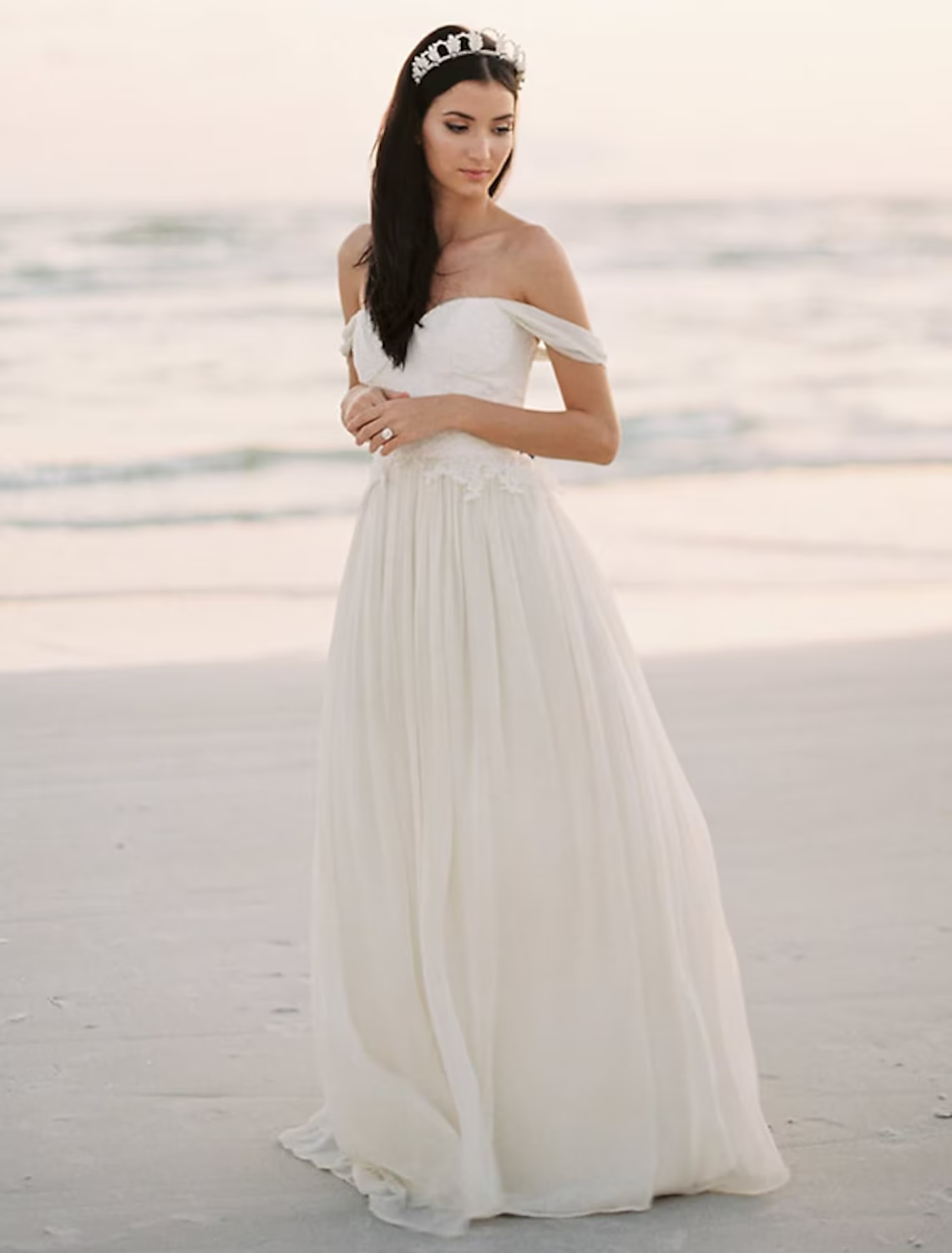 Beach Wedding Dresses A-Line Sleeveless Off Shoulder Chiffon With Pleats