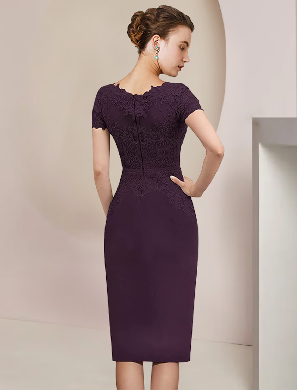 Two Piece Mother of the Bride Dress Formal Wedding Guest Elegant V Neck Knee Length Chiffon Lace Short Sleeve Dresses with Appliques