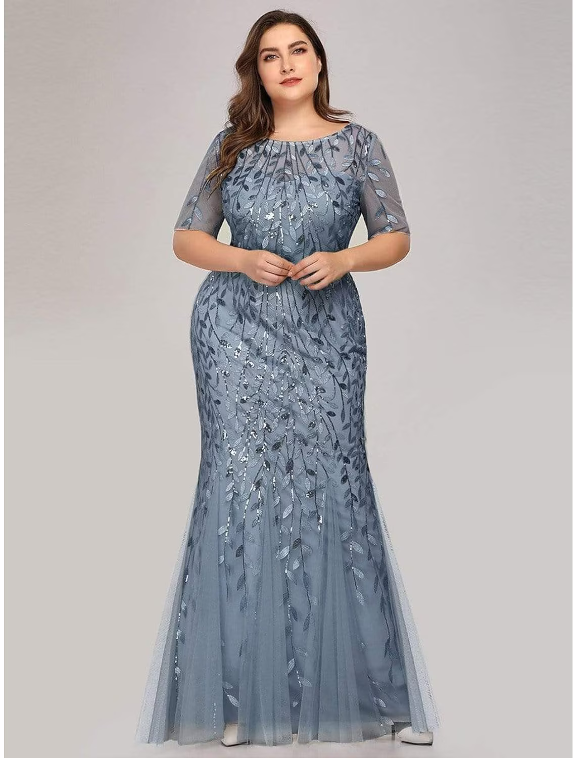 Empire Elegant Party Wear Formal Evening Dress Jewel Neck Short Sleeve Floor Length Tulle with Embroidery