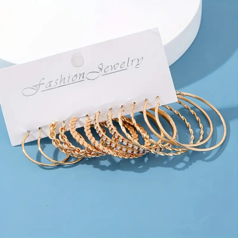 DingJi 18 Pairs Golden Metal, Faux Pearl & Crystal Embellished Large Hoop Earrings Set, Classic Style, Fashion Statement Jewelry For Women