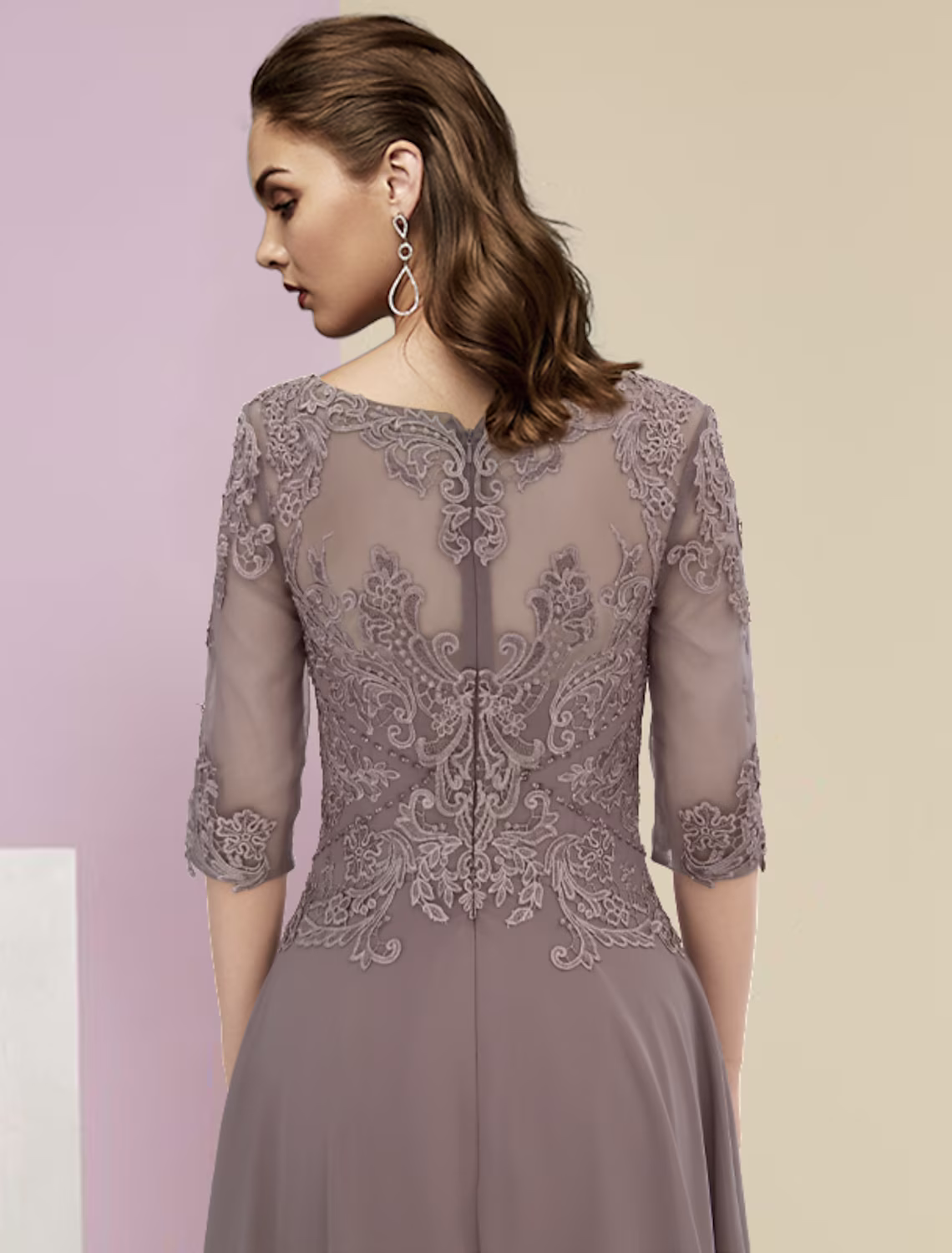 Two Piece A-Line Mother of the Bride Dress Formal Wedding Guest Party Elegant Scoop Neck Asymmetrical Chiffon Lace Sleeve Wrap Included with Beading Appliques